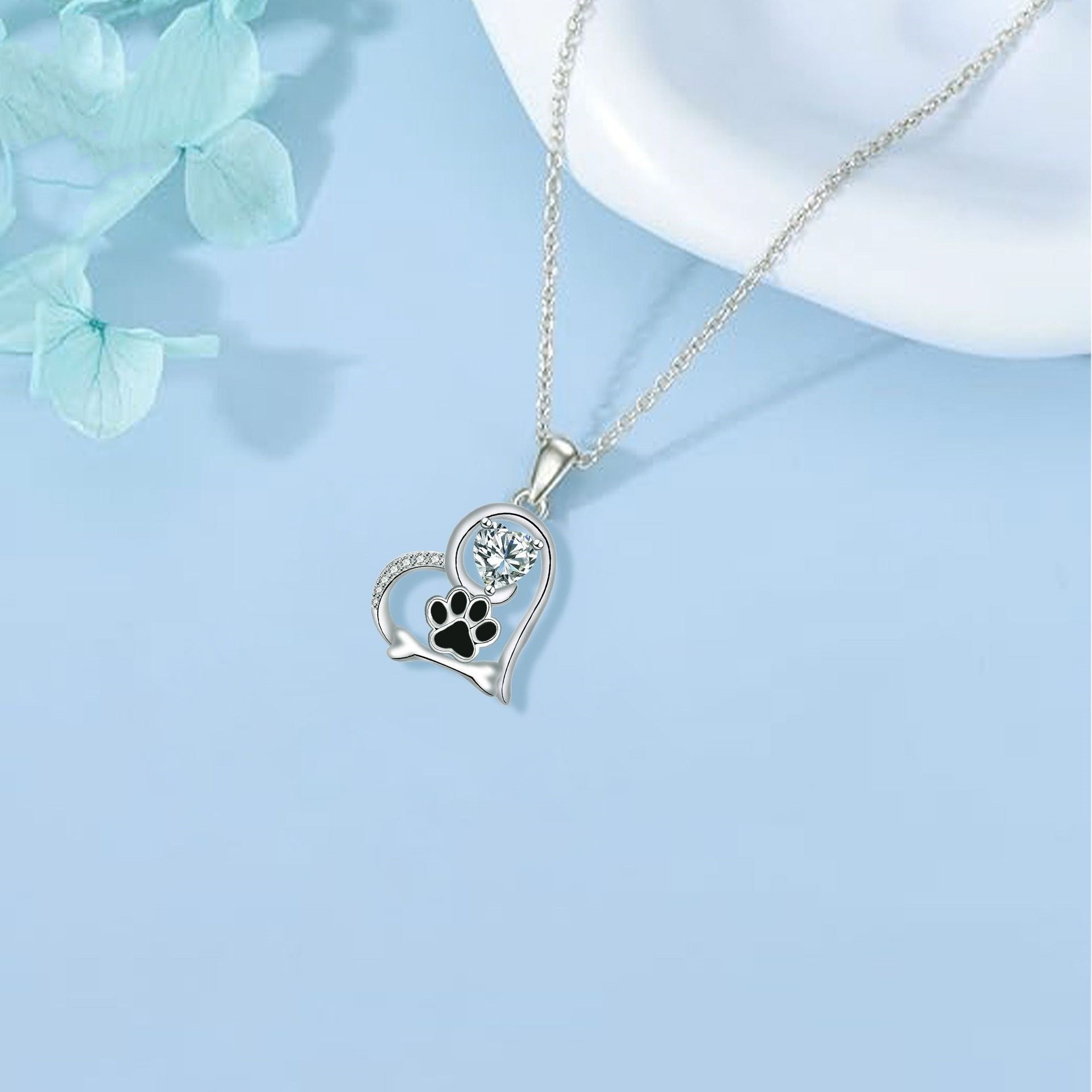 Handcrafted Dog Paw Print and Bone Necklace with Zirconia VIP