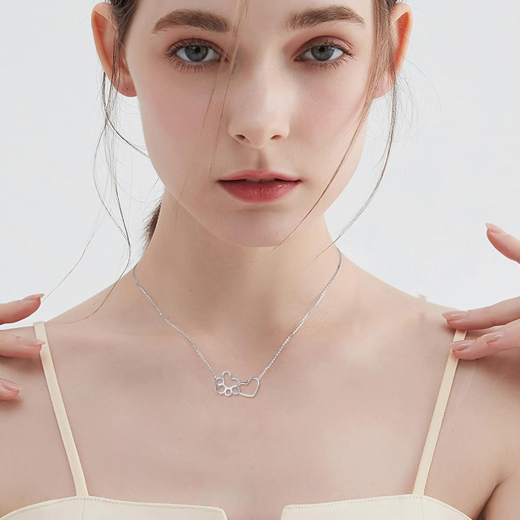 Sterling Silver Paw Print Necklace – Heart Crystal Pendant VIP