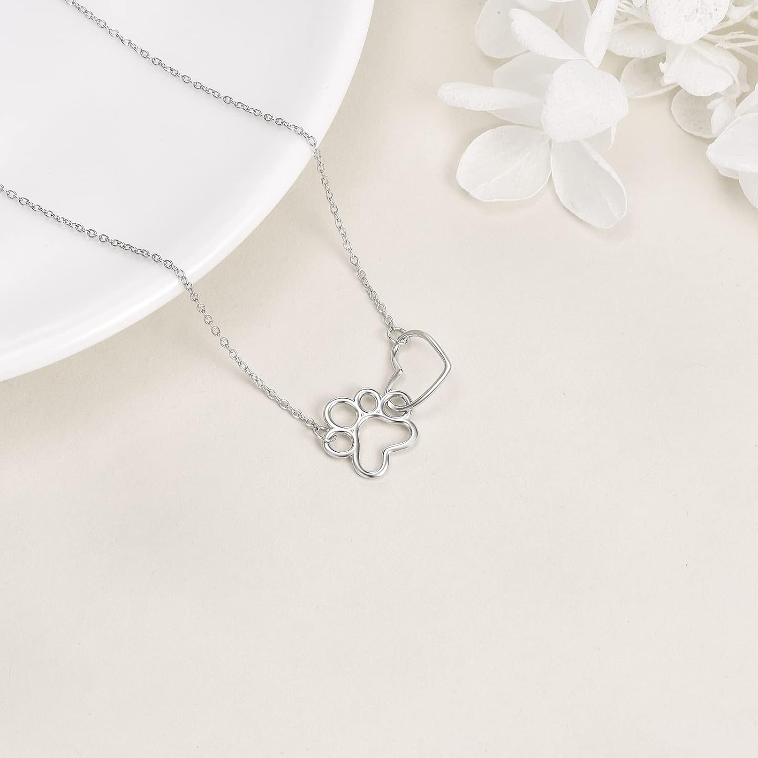 Sterling Silver Paw Print Necklace – Heart Crystal Pendant VIP