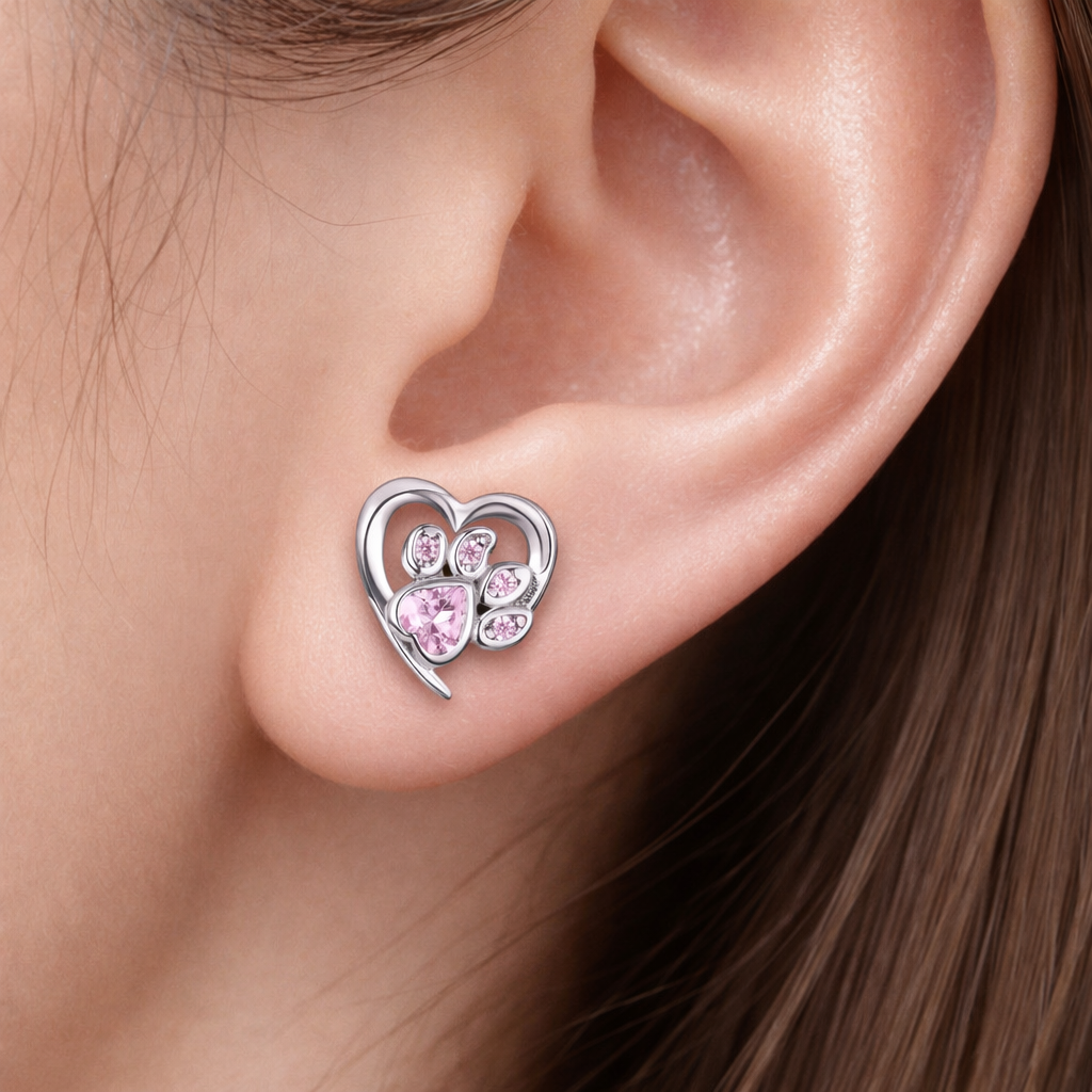 925 Sterling Silver Paw Dog Footprint Heart Stud Earrings