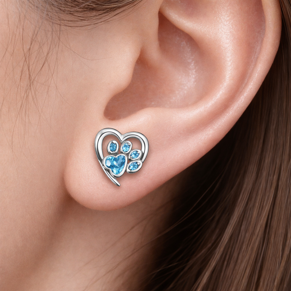 925 Sterling Silver Paw Dog Footprint Heart Stud Earrings