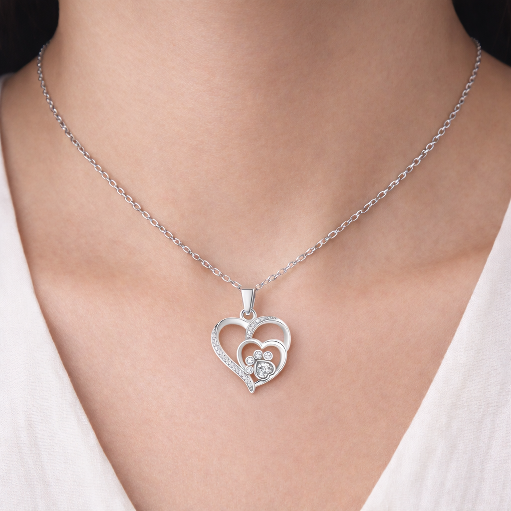 Sterling Silver Paw & Heart Necklace with Zirconia
