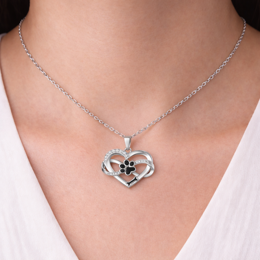Infinity Heart & Paw Necklace in 925 Sterling Silver with Zirconia