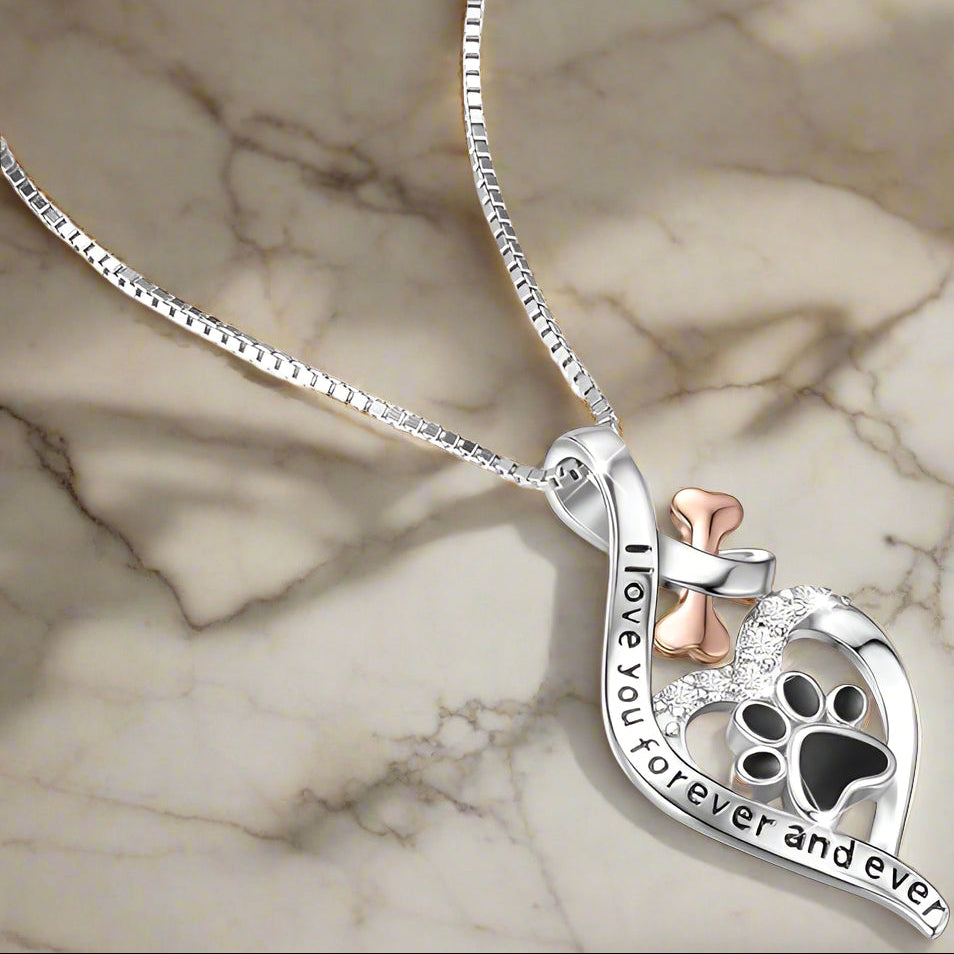 Lucky Paw Necklace with Heart, Bone & Infinity – “Always in My Heart” Pendant VIP