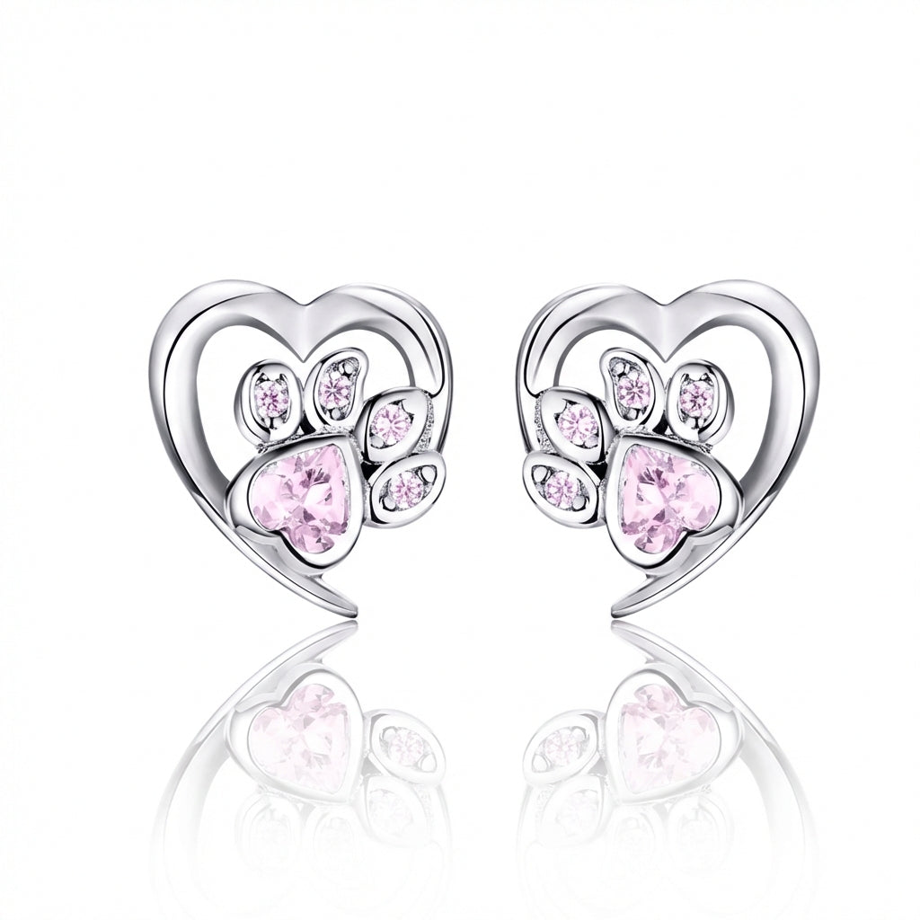 925 Sterling Silver Paw Dog Footprint Heart Stud Earrings