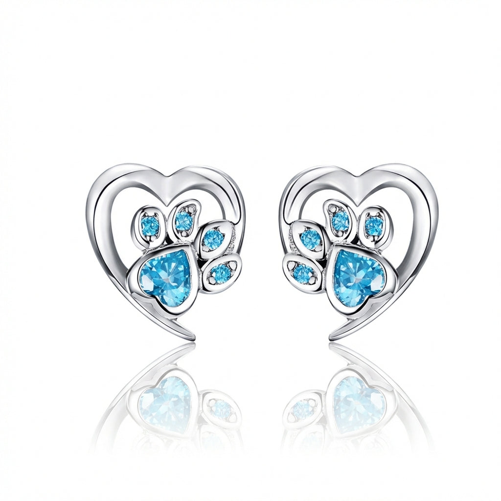 925 Sterling Silver Paw Dog Footprint Heart Stud Earrings