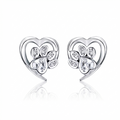 925 Sterling Silver Paw Dog Footprint Heart Stud Earrings