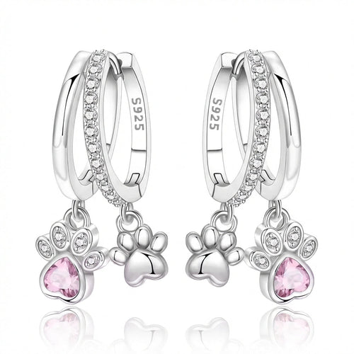 925 Sterling Silver Double Layer Pet Paw Print Drop Earrings